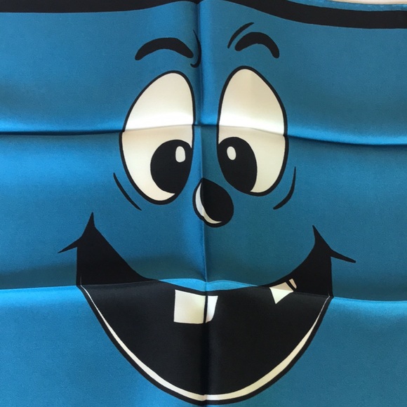 Moschino Silk Scarf Pumpkin Face Italy Blue 20x20 - Picture 4 of 10